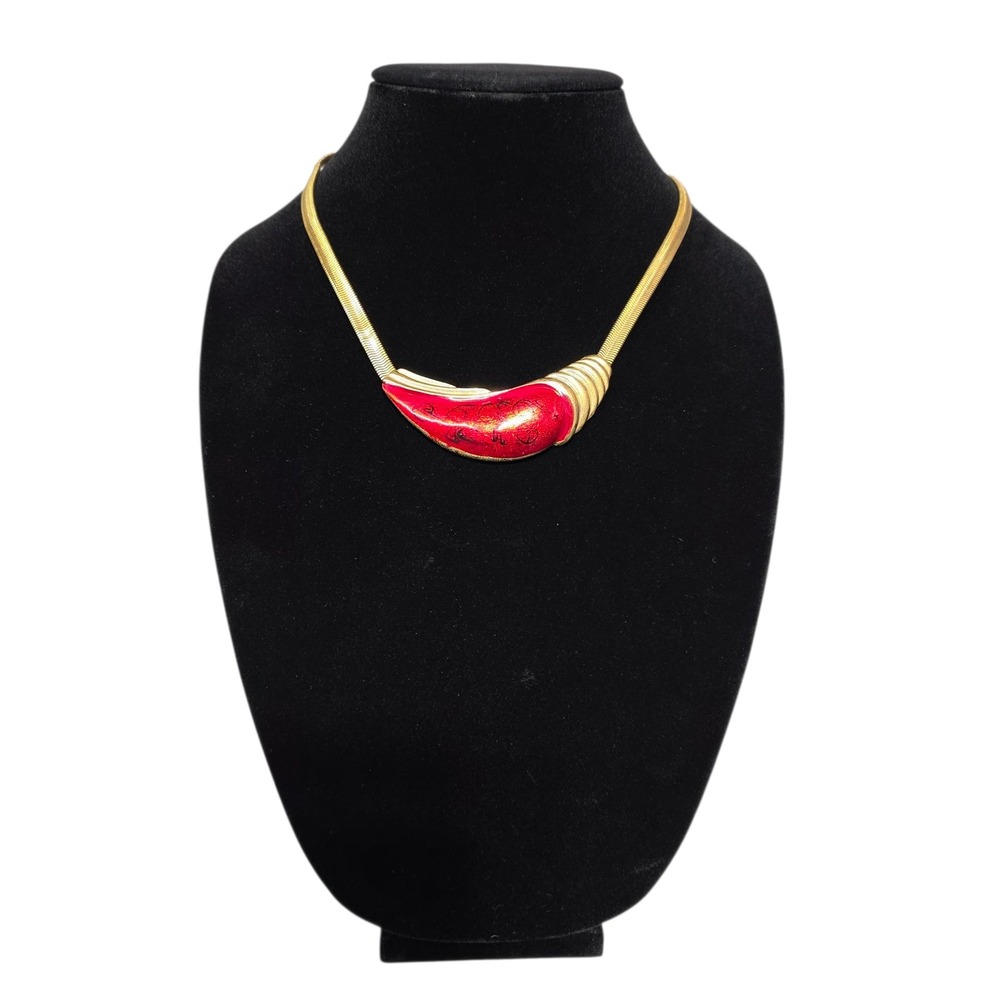 Red Enamel Gold Tone Snake Chain Necklace Statement Jewelry‎